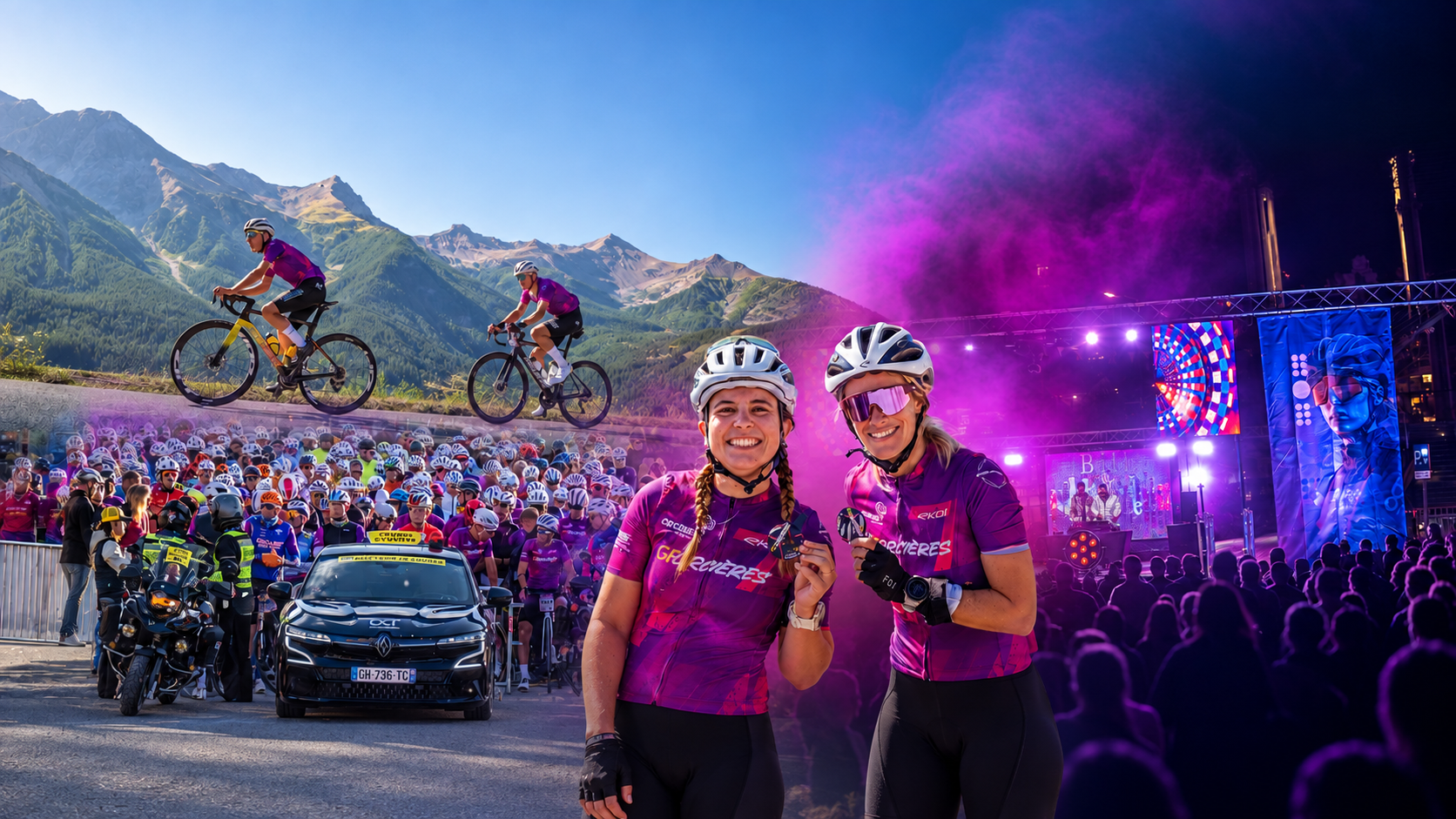 Cyclistes de la GF Orcières dans les Hautes-Alpes, départ en peloton et soirée concert