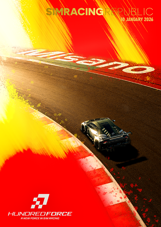 Black sports car racing on a curved track at Misano with bright red and yellow graphic effects and text 'SimRacing Republic 10 January 2026' and 'Hundred Force A New Force in Sim Racing'.