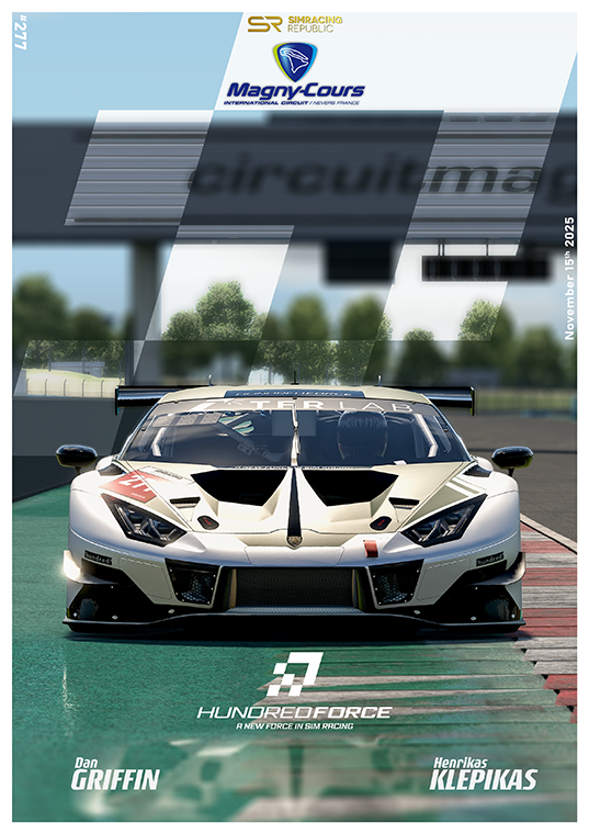 Front view of a white racing car on a track at Magny-Cours International Circuit, with logos and driver names Dan Griffin and Henrikas Klepikas.