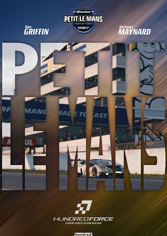 Racecar on track at Petit Le Mans event with large text overlay and Hundredforce sim racing logo.