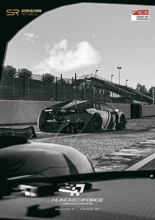 Black and white simulated racing image showing a race car on a track with grandstands and fencing in the background, viewed from another car's cockpit.
