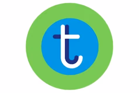 Lowercase letter 't' in white with a dark blue shadow inside a blue circle, surrounded by a green outer circle.