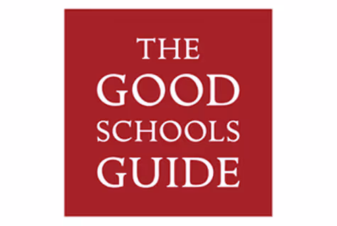 Logo with white text 'The Good Schools Guide' on a red square background.