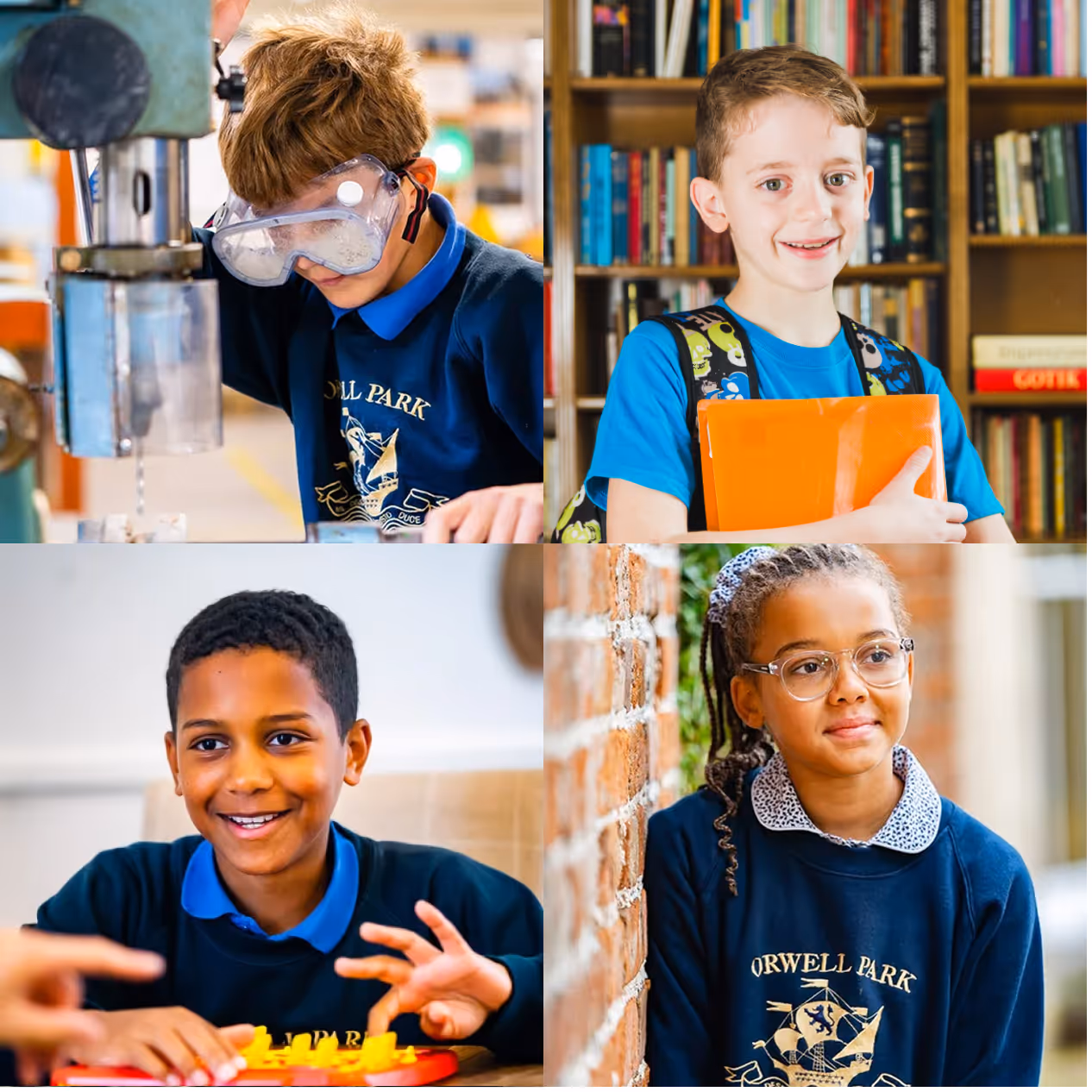 Collage of four schoolchildren, two boys and two girls, engaged in various activities including using a drill press, holding books, playing a game, and smiling outdoors.