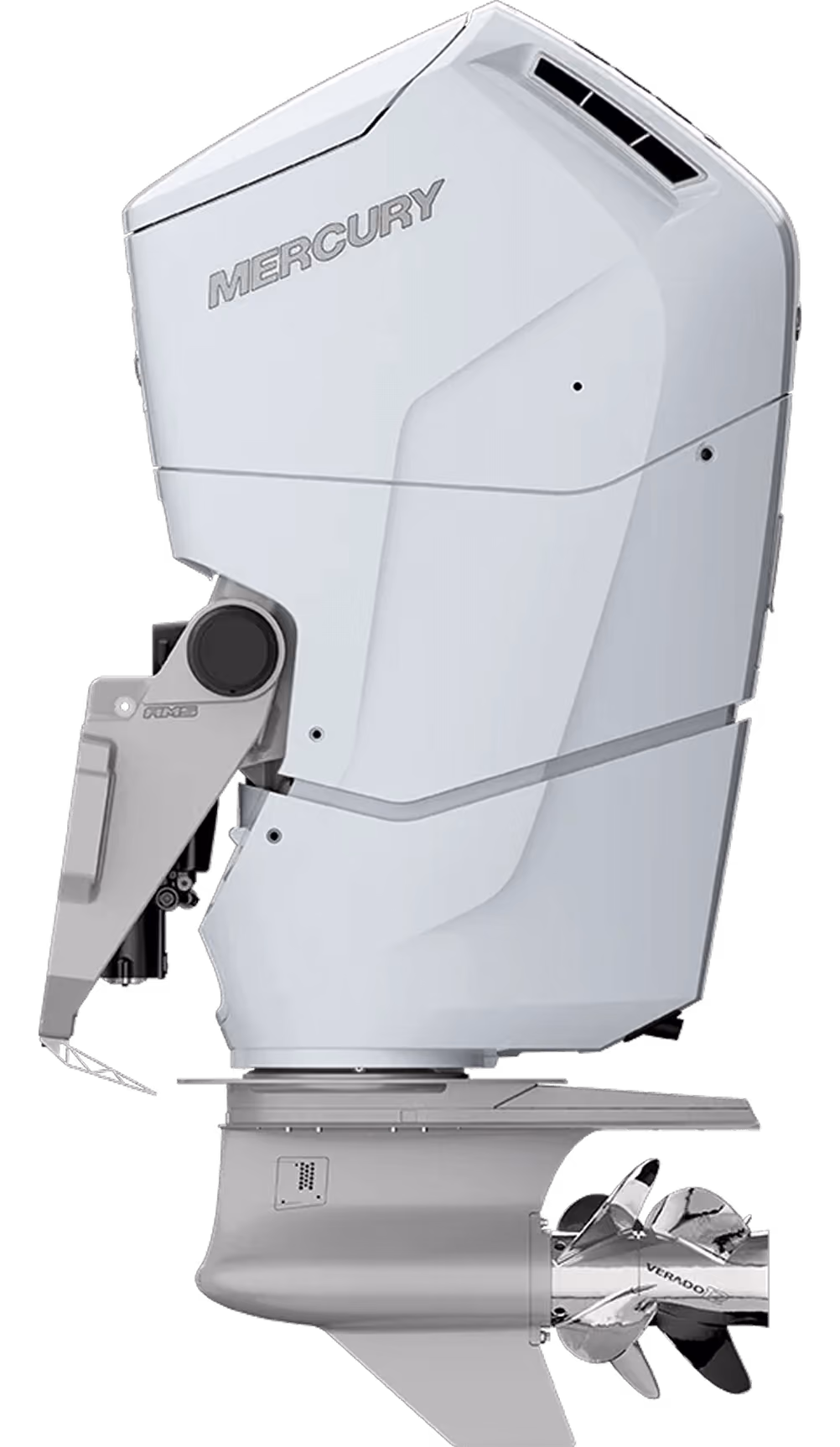 White Mercury outboard boat engine with a Verado propeller.