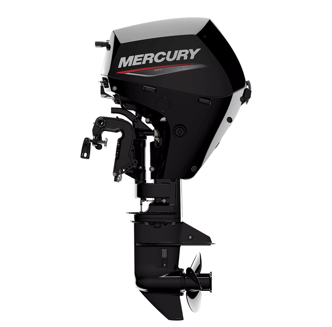 Black Mercury EFI FourStroke outboard boat motor with propeller and mounting bracket.