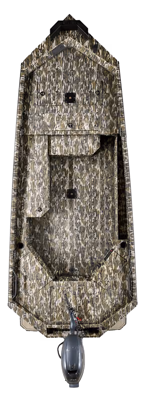 Overhead view of a camouflage-patterned flat-bottom boat with an outboard motor.