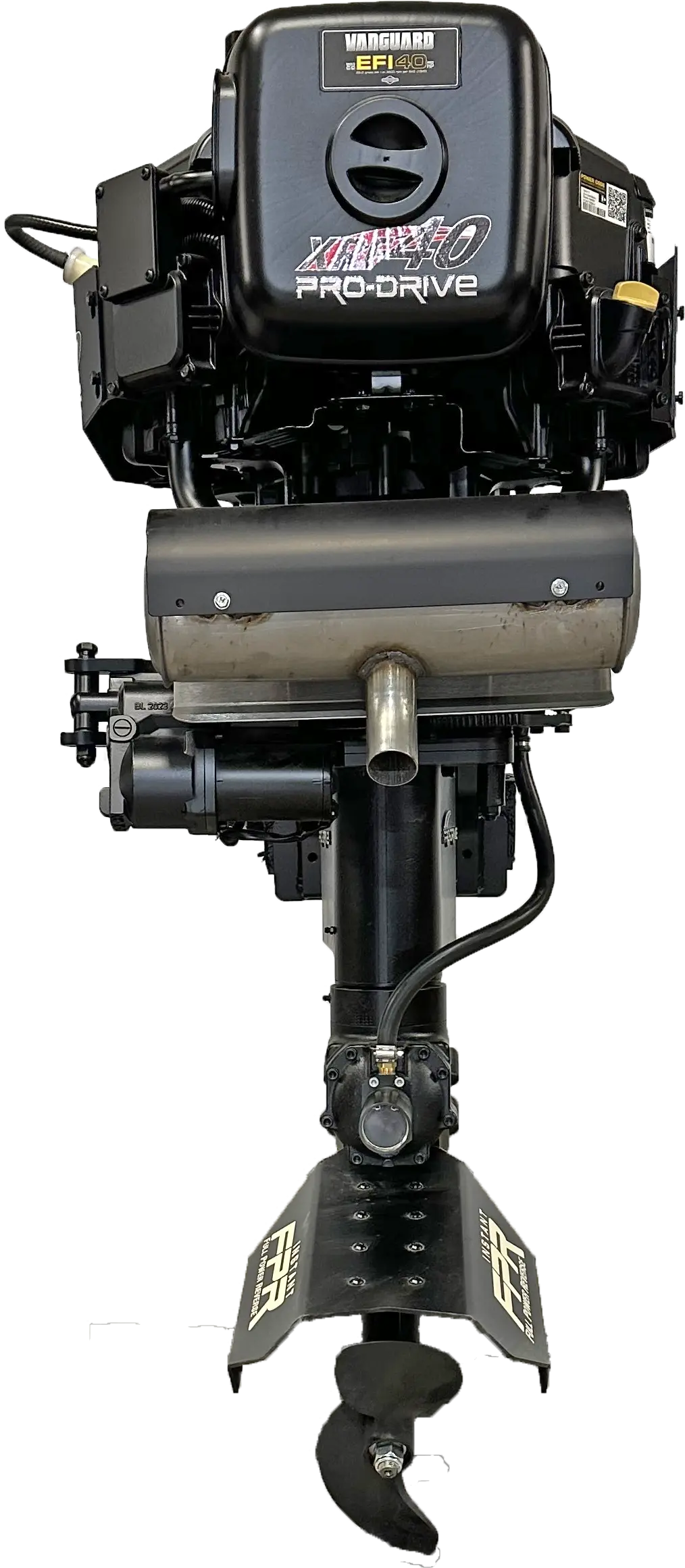 Rear view of Black XRF40 PRO-DRIVE marine outboard motor with Instant Full Power Reverse system.