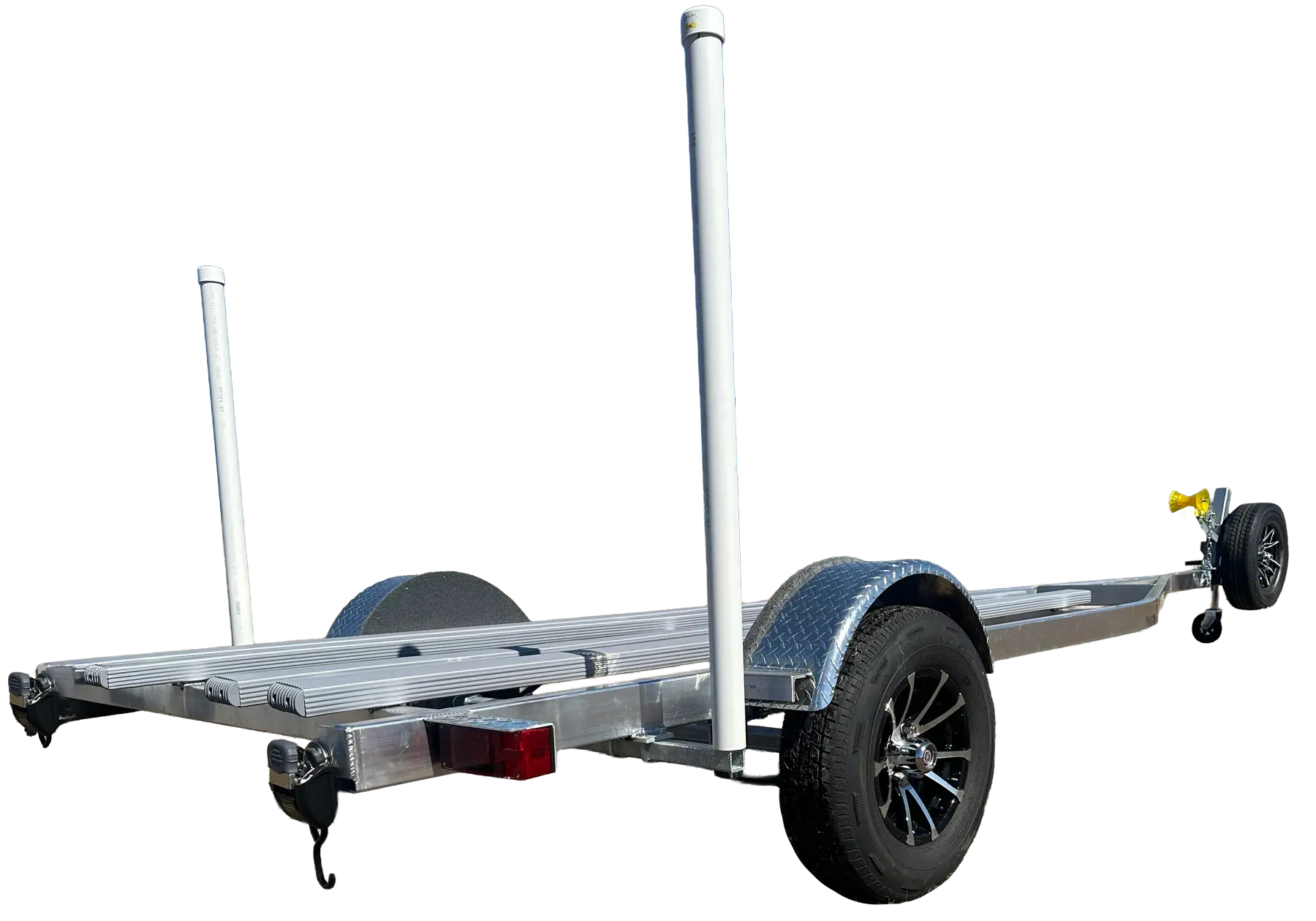 Aluminum boat trailer with black wheels, white guide poles, and a spare tire mounted at the front.