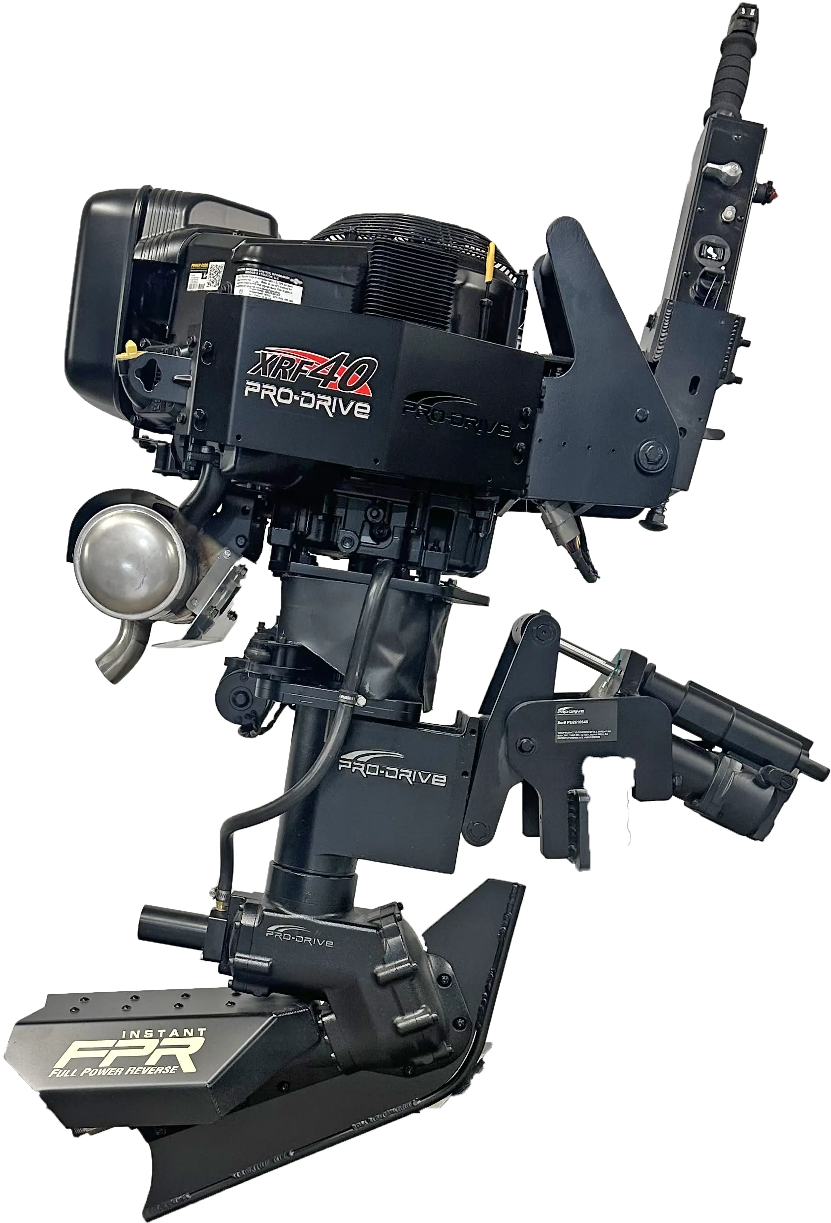 Tiler view of Black XRF40 PRO-DRIVE marine outboard motor with Instant Full Power Reverse system.