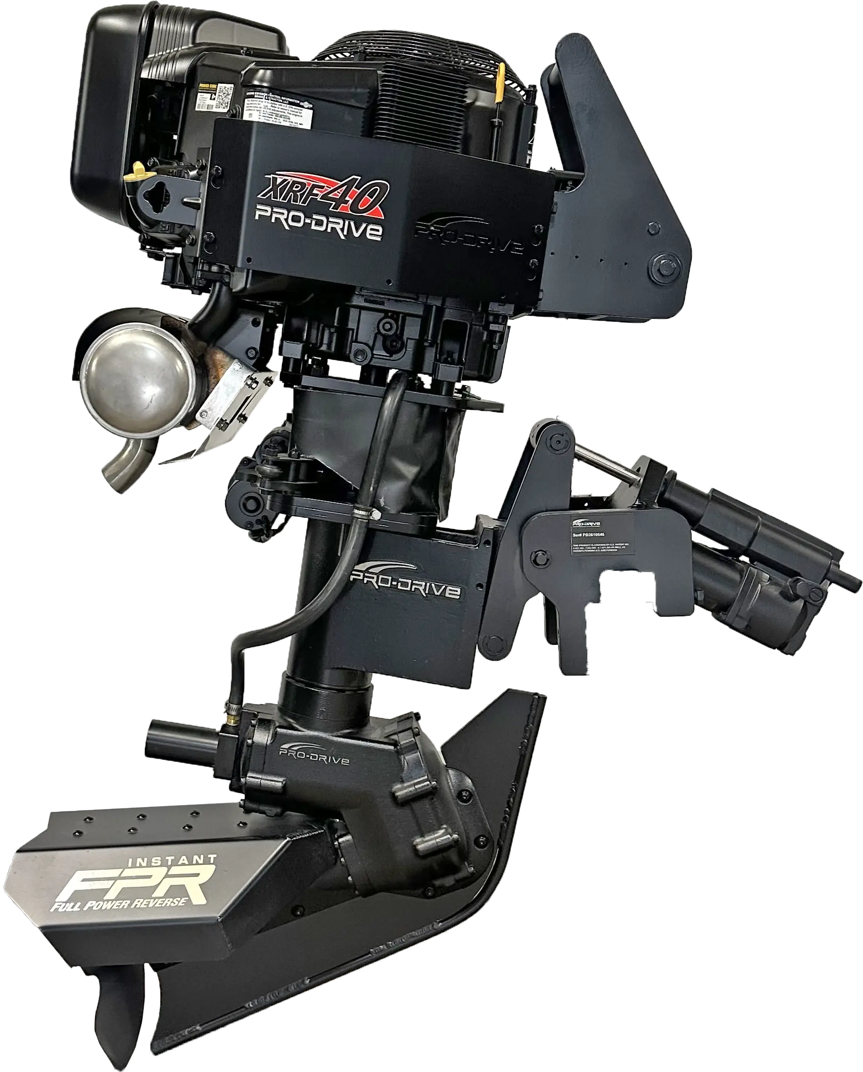 Direct side view of Black XRF40 PRO-DRIVE marine outboard motor with Instant Full Power Reverse system.