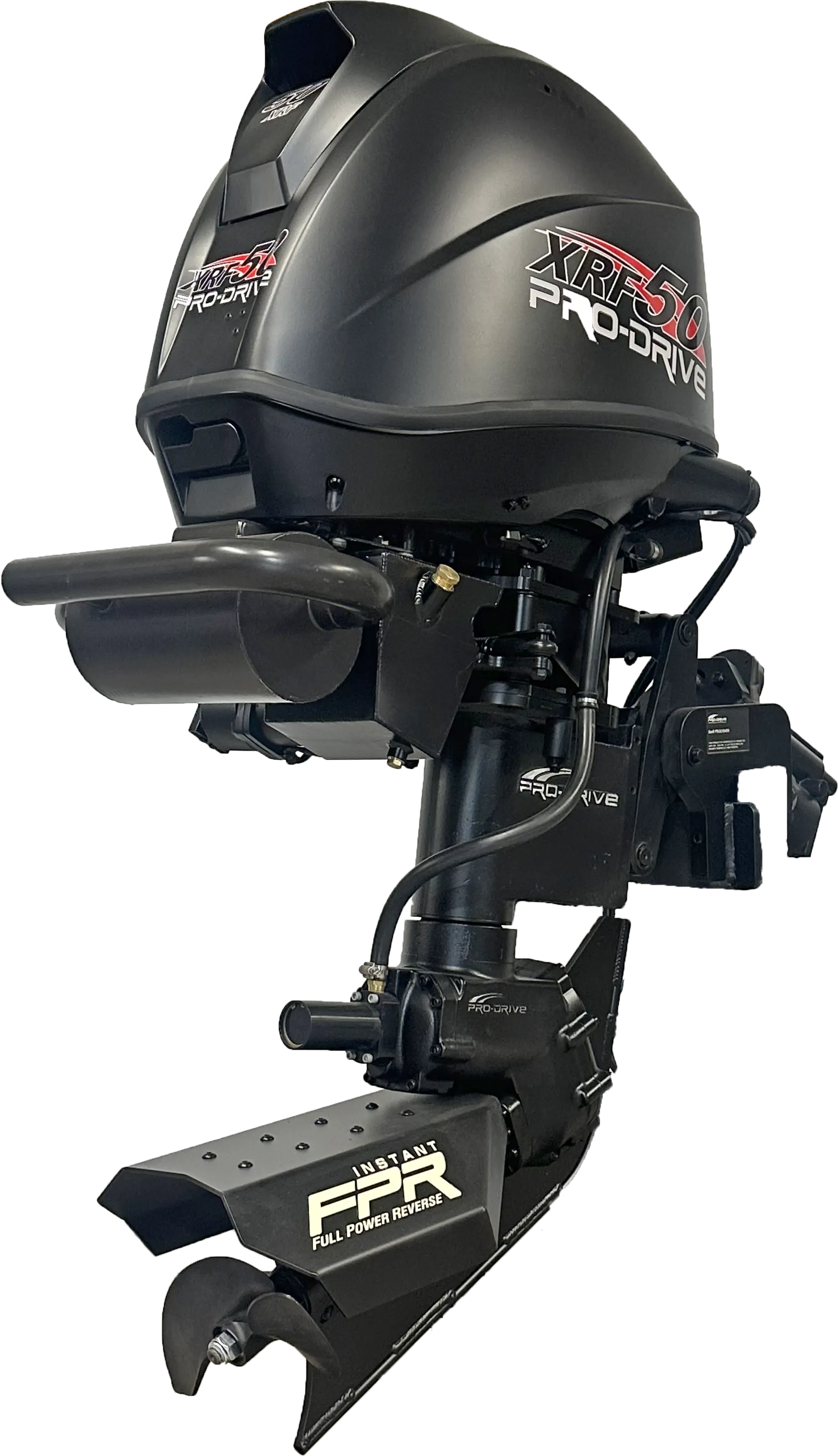 Angle view of Black XRF50 Pro-Drive boat motor with Instant FPR Full Power Reverse propeller system.