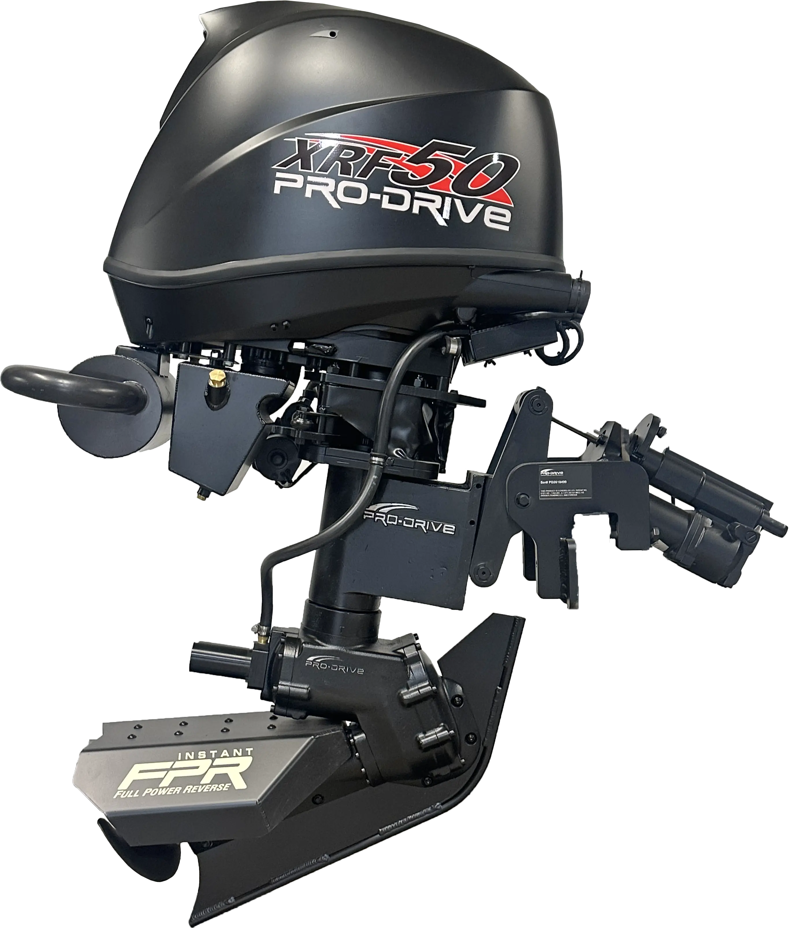 Direct Side view of Black XRF50 Pro-Drive boat motor with Instant FPR Full Power Reverse propeller system.