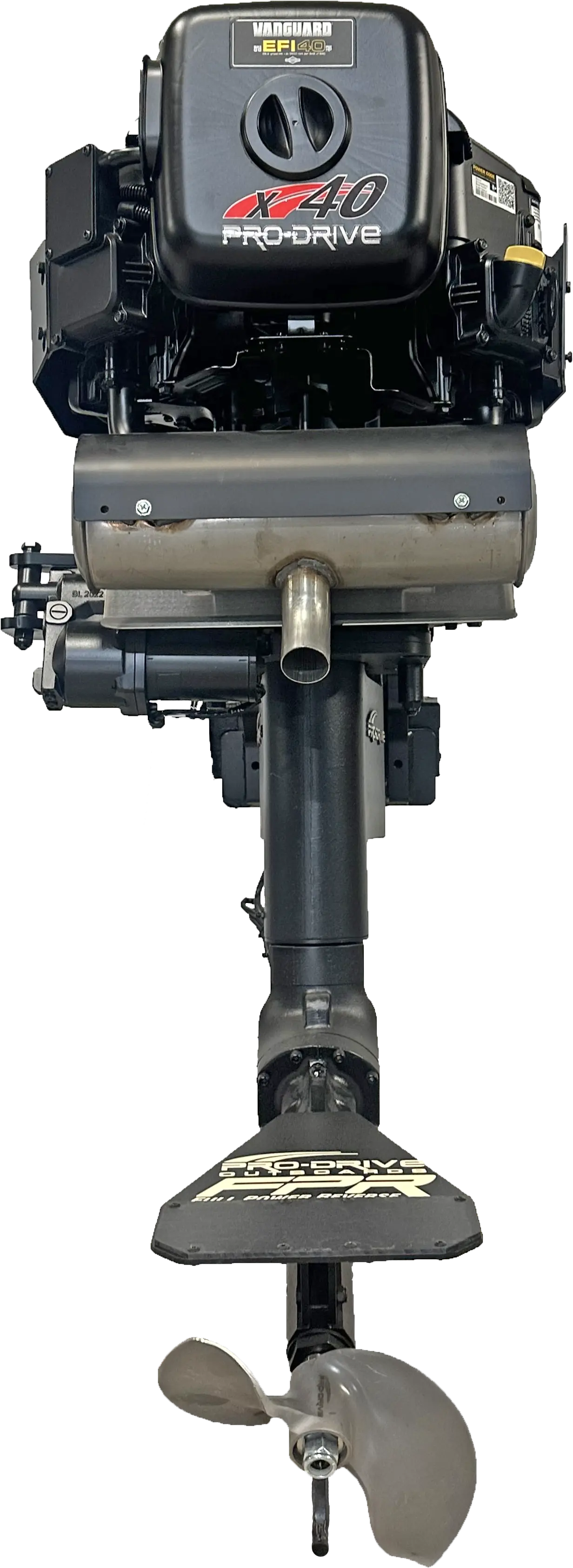 Rear view of Pro-Drive X40 marine outboard motor with visible propeller and exhaust system.