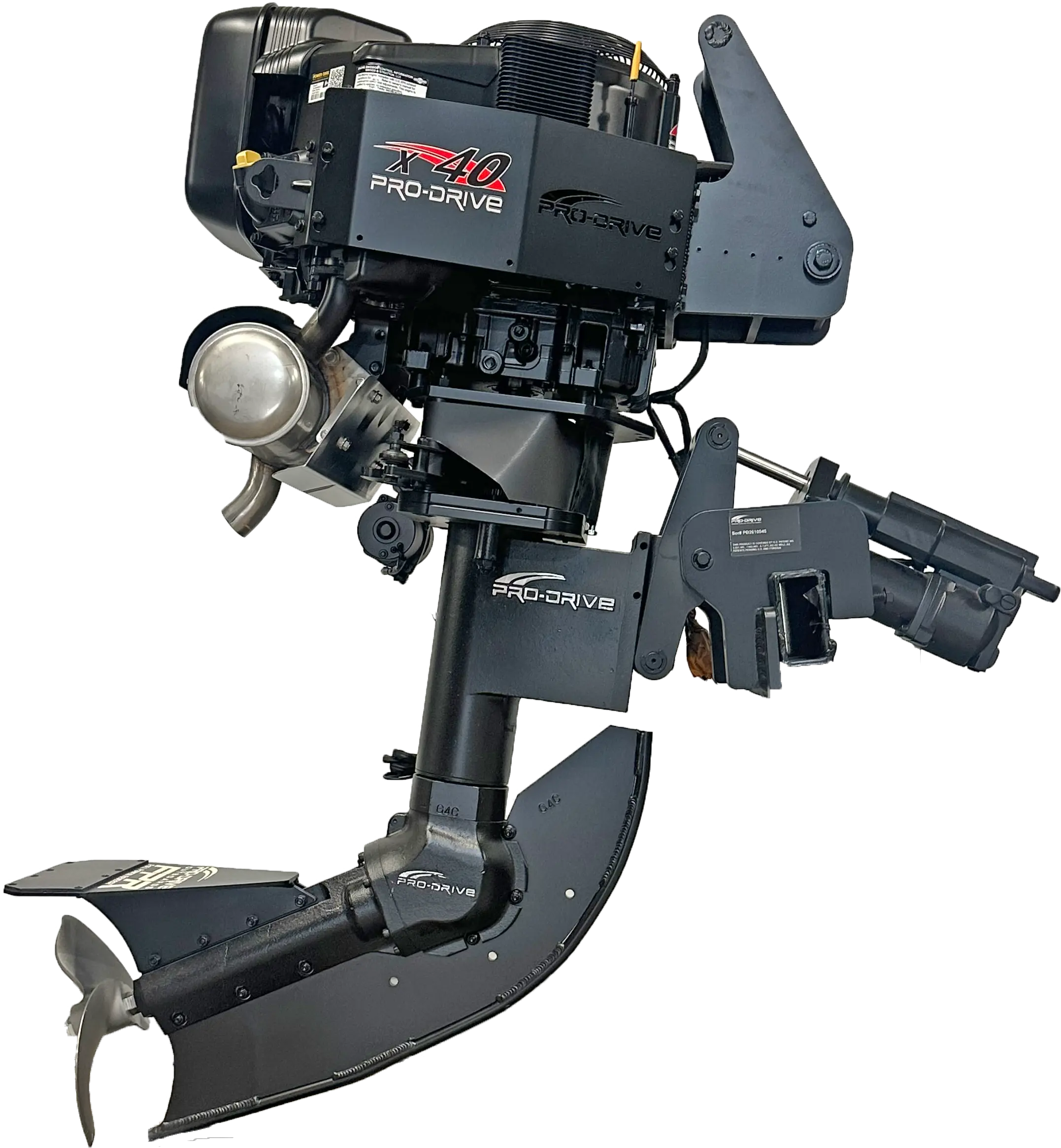 Direct Side view of Pro-Drive X40 marine outboard motor with visible propeller and exhaust system.