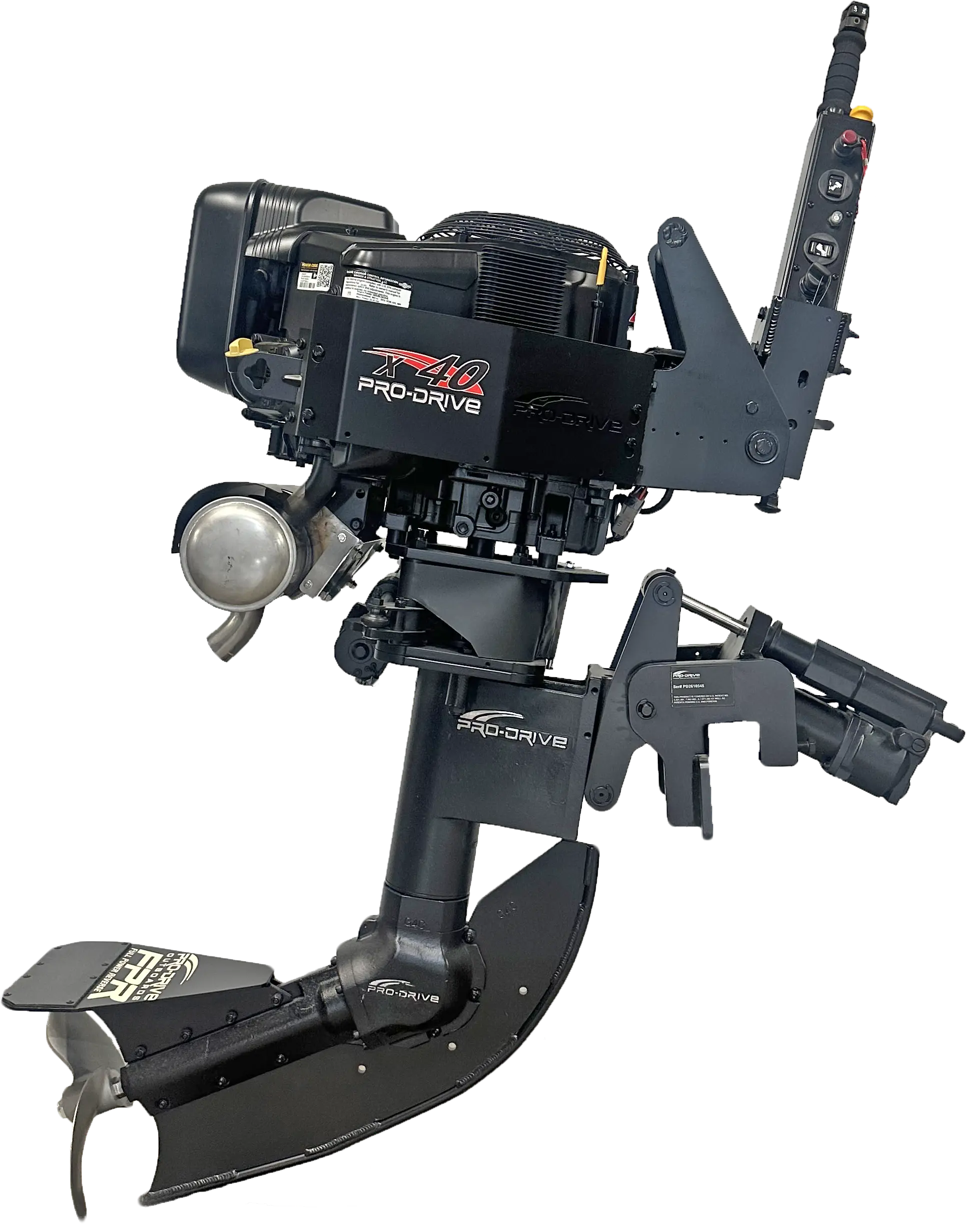 Tiler view of Pro-Drive X40 marine outboard motor with visible propeller and exhaust system.