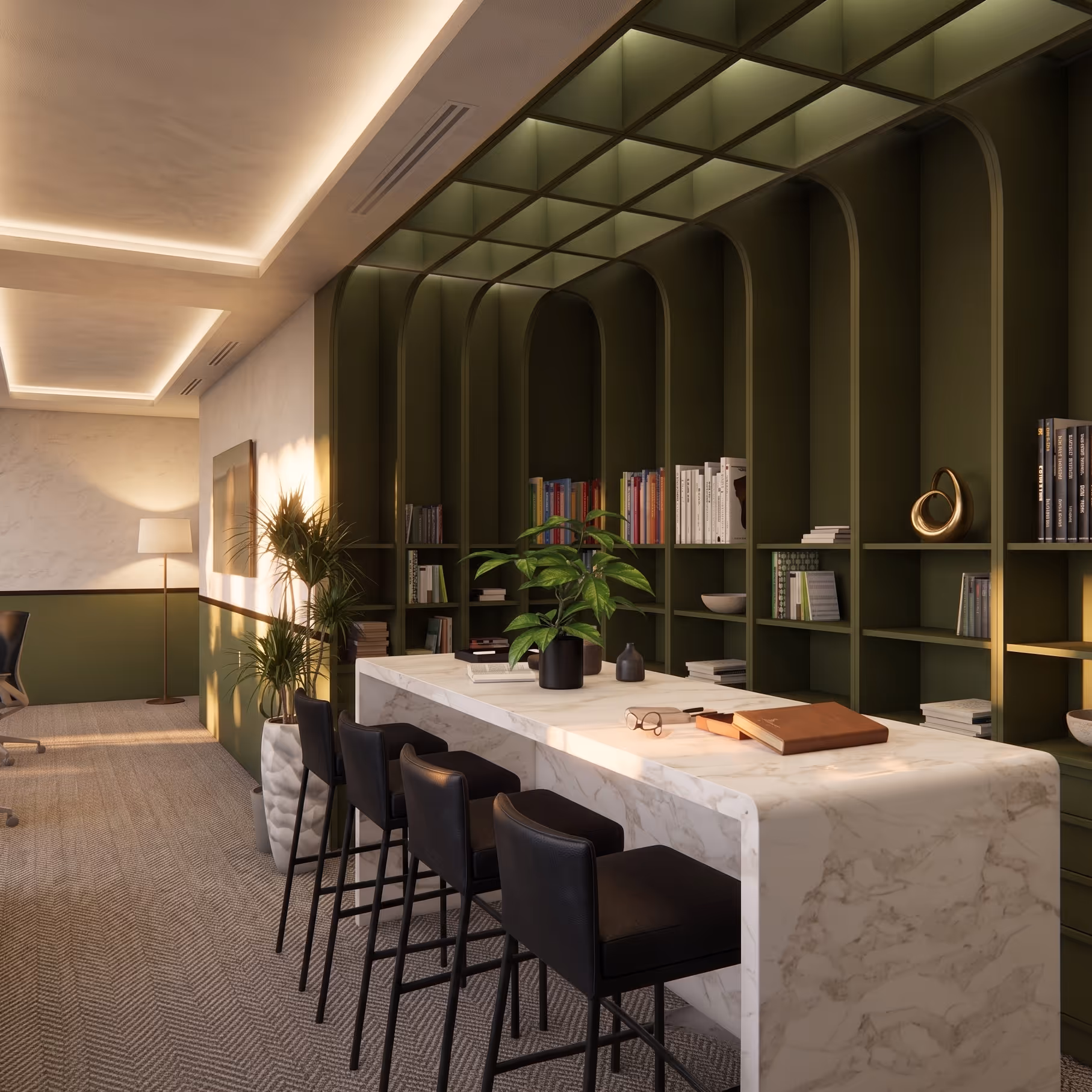 Modern office interior render by Deuxign Studio, clean architectural lines and restrained material palette