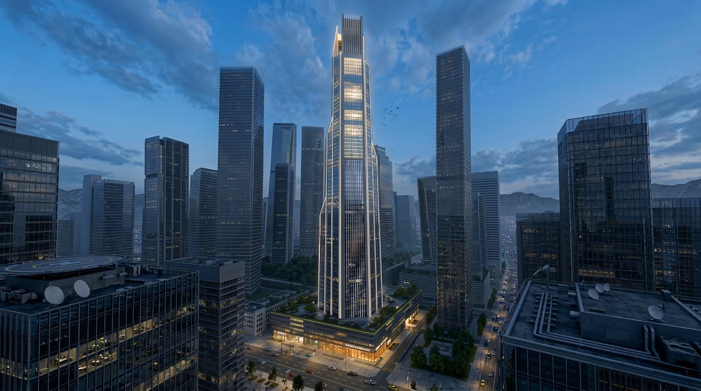 Exterior render of Moscow City Tower high-rise architecture in Moscow skyline