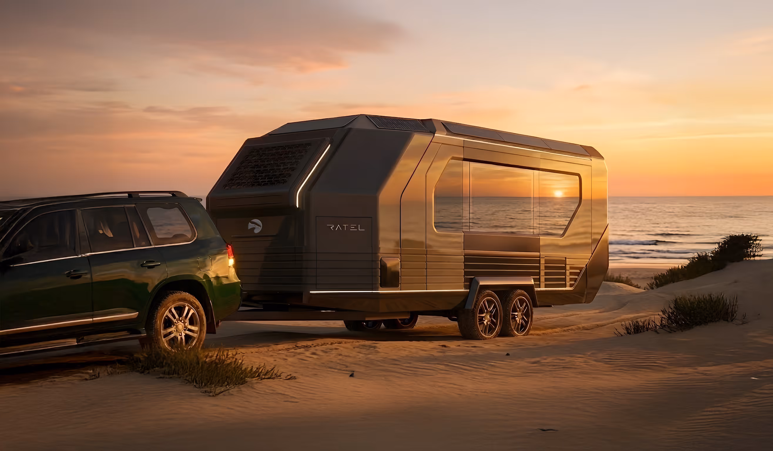 Ratel off-grid luxury desert caravan concept exterior render, Doha Qatar