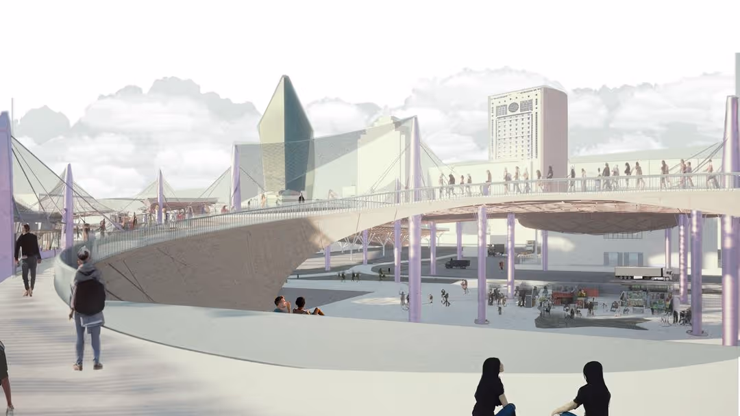 Agripolis exterior render showing landscaped terraces and residential accommodation volumes