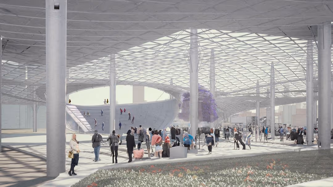 Agripolis interior market hall architectural render showing open community trading spaces