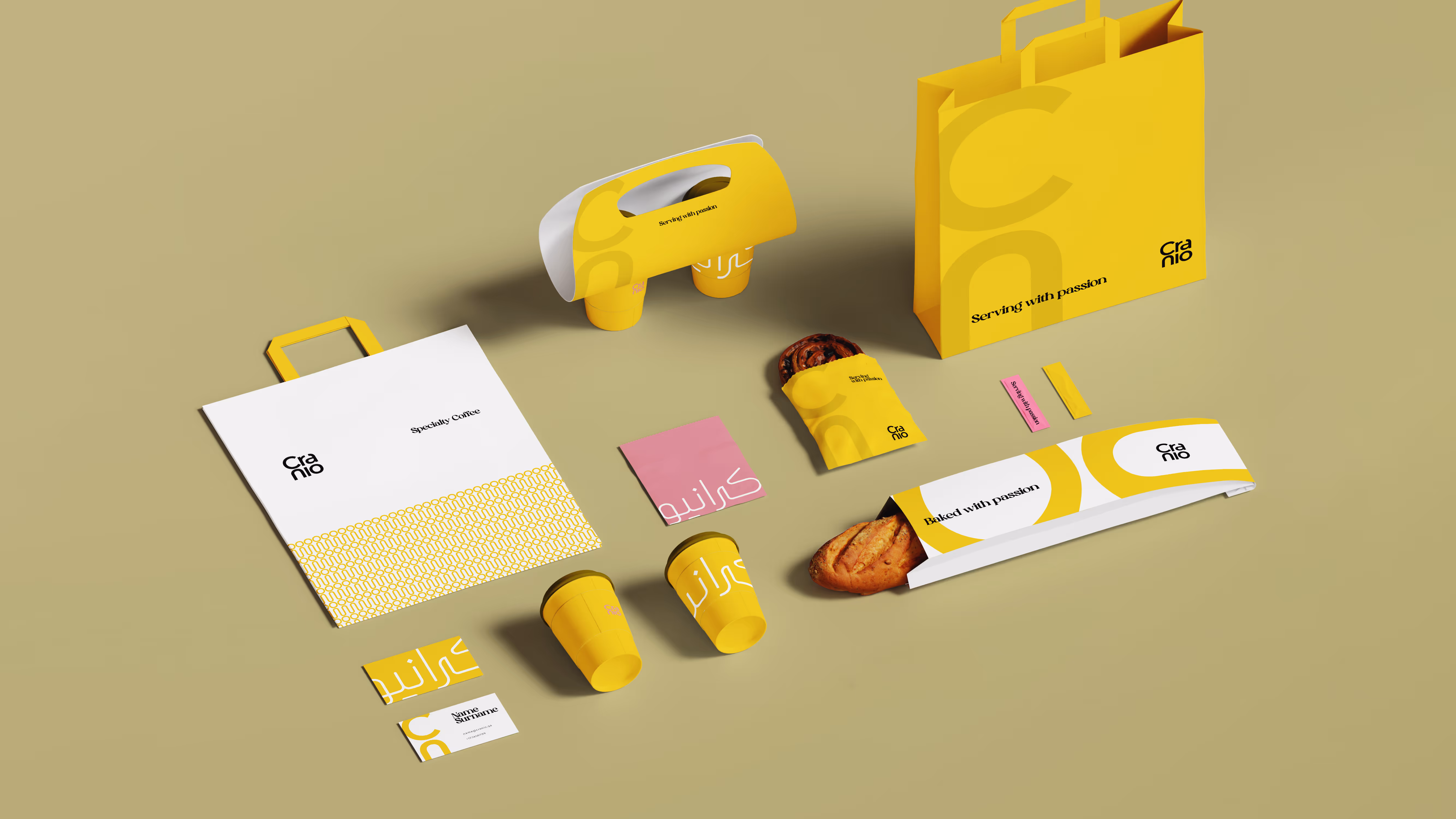 Cranio branded coffee bag design with retro palette and handwritten brand accents