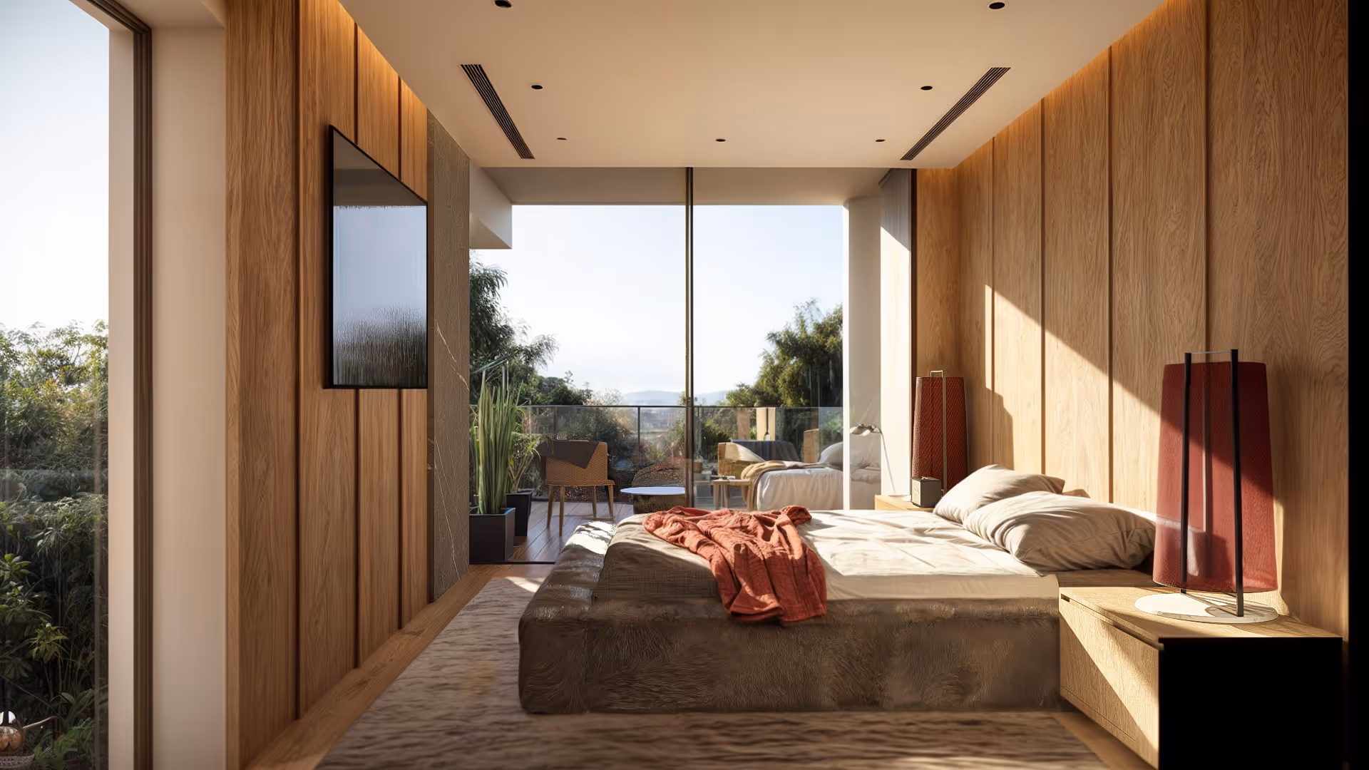 Villa Tulipe guest bedroom with curated lighting and understated luxury interior design