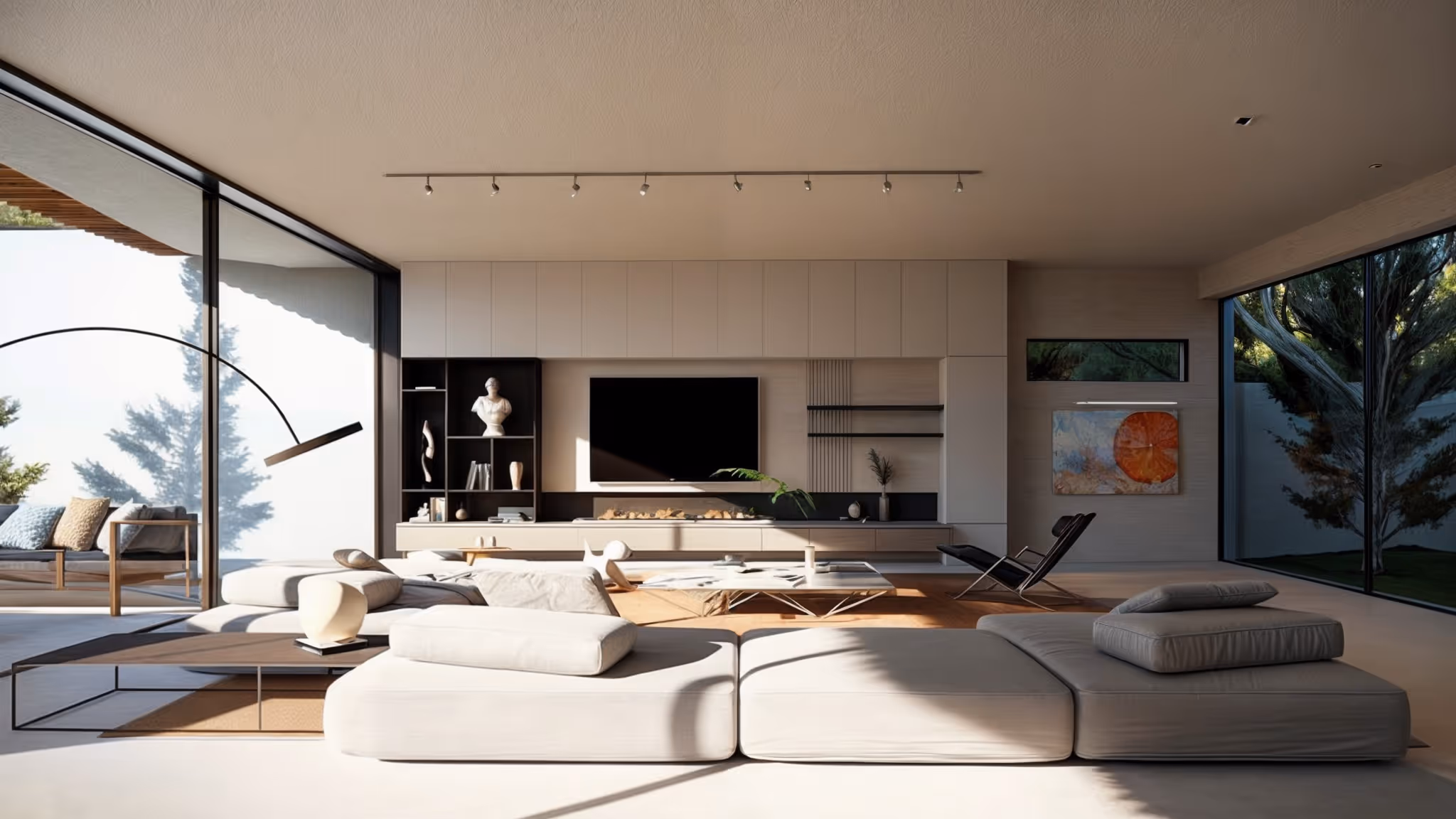 Villa Tulipe secondary living space with warm timber and marble materials in Mougins