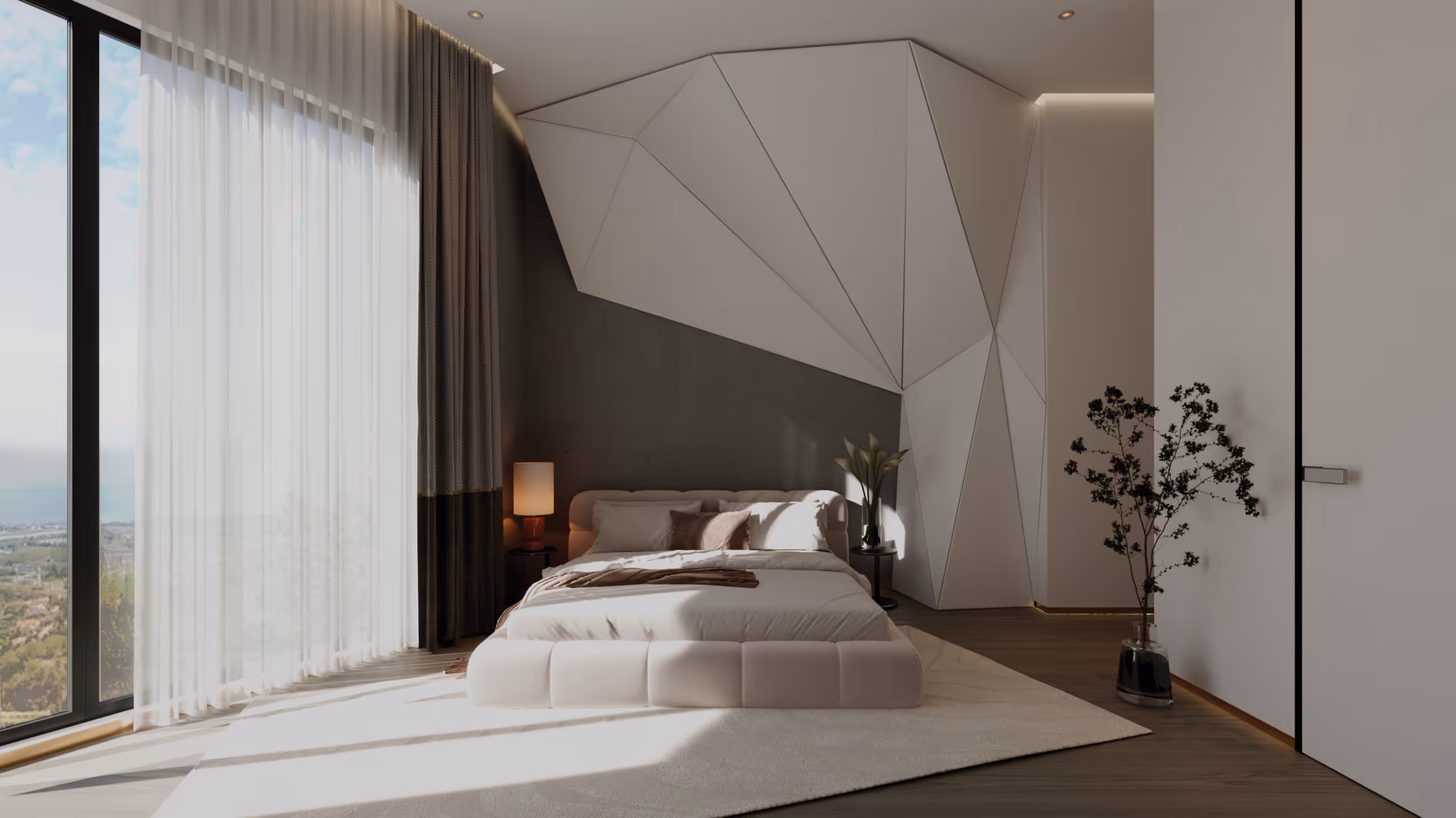 Villa Cystes master bedroom with sculptural wall treatment and freestanding bath with sea view