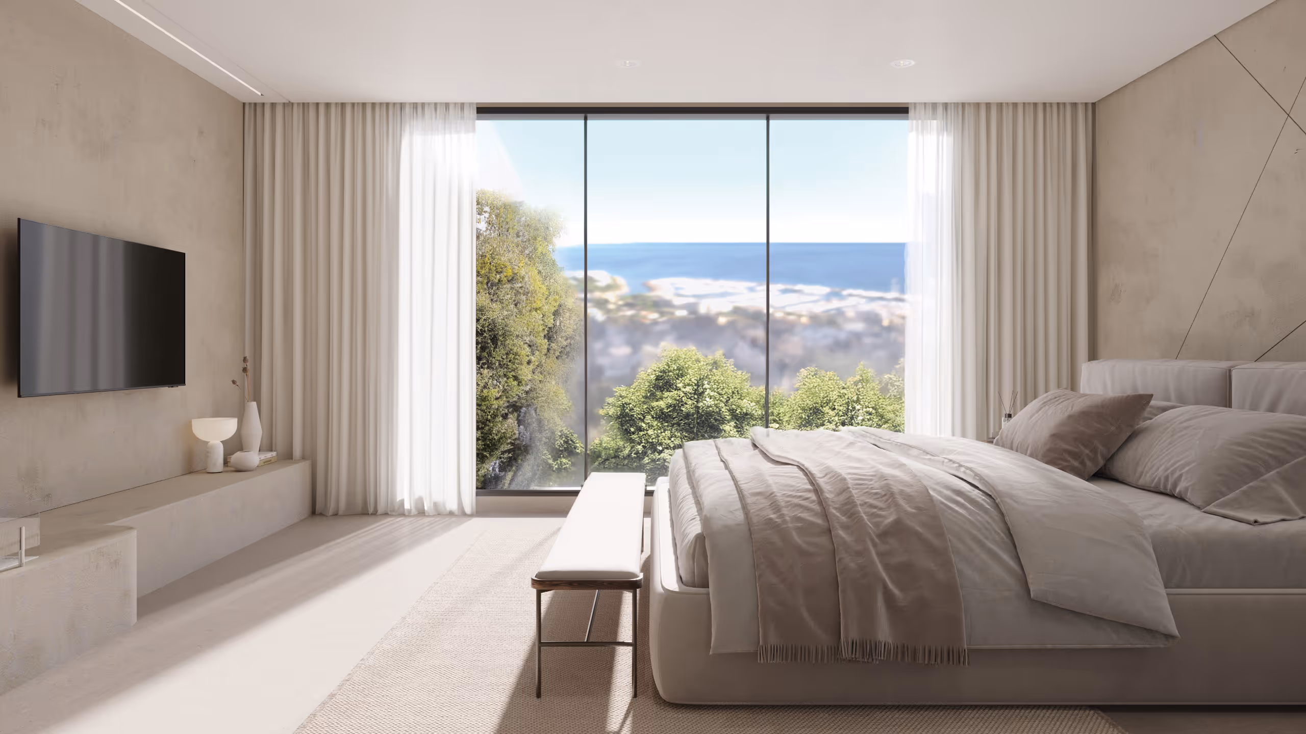 Villa Cystes secondary bedroom with warm neutral tones and floor to ceiling glazing