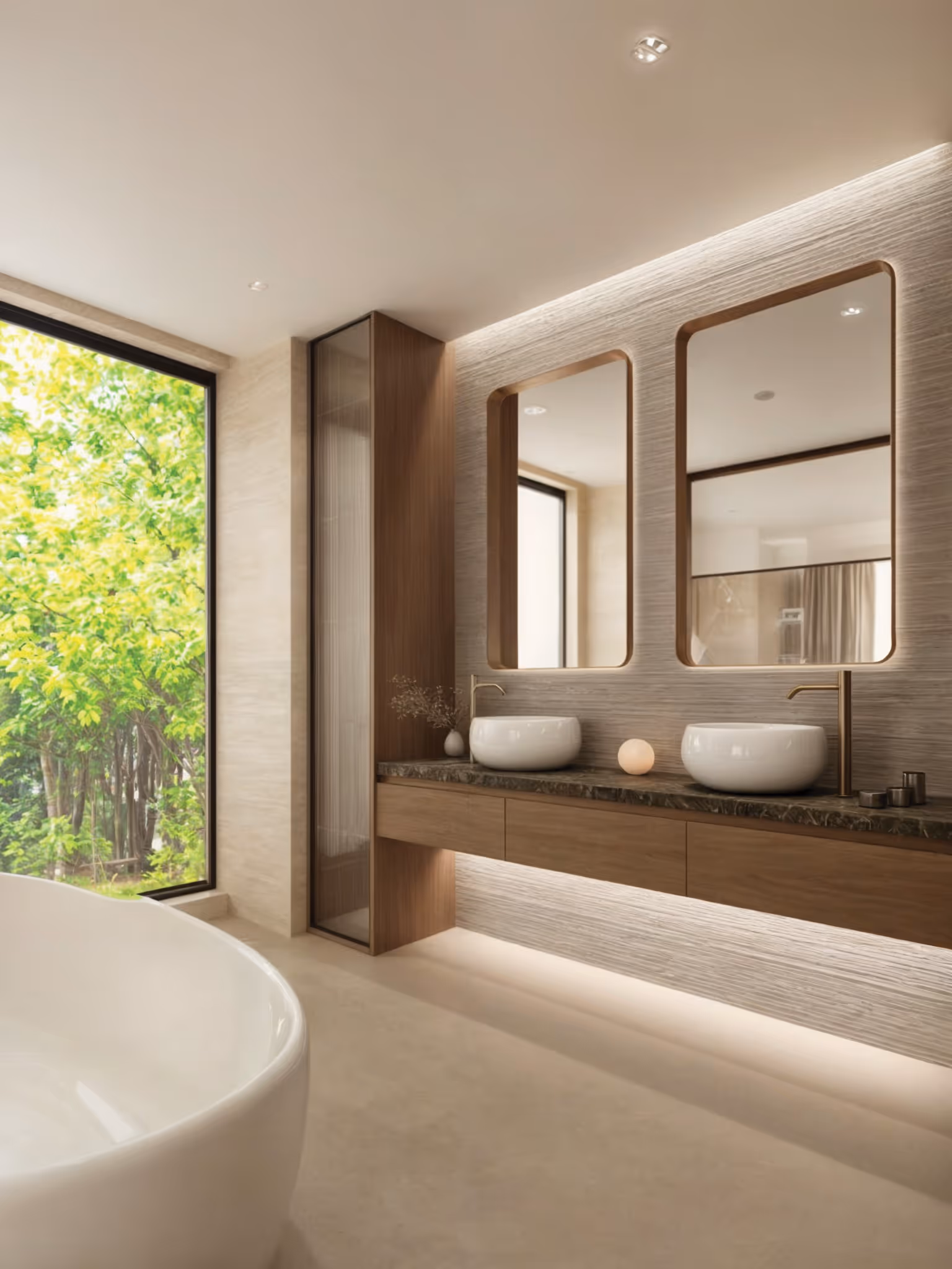 Villa Cystes secondary bathroom with refined stone finishes in Mandelieu-La Napoule