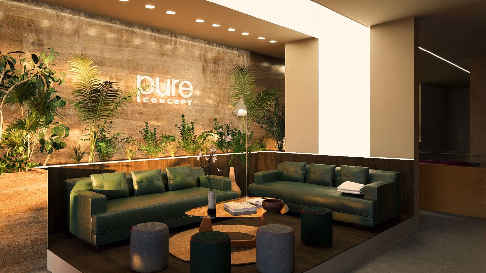 Pure Concept showroom detail view showing material sample displays with gold arch framing