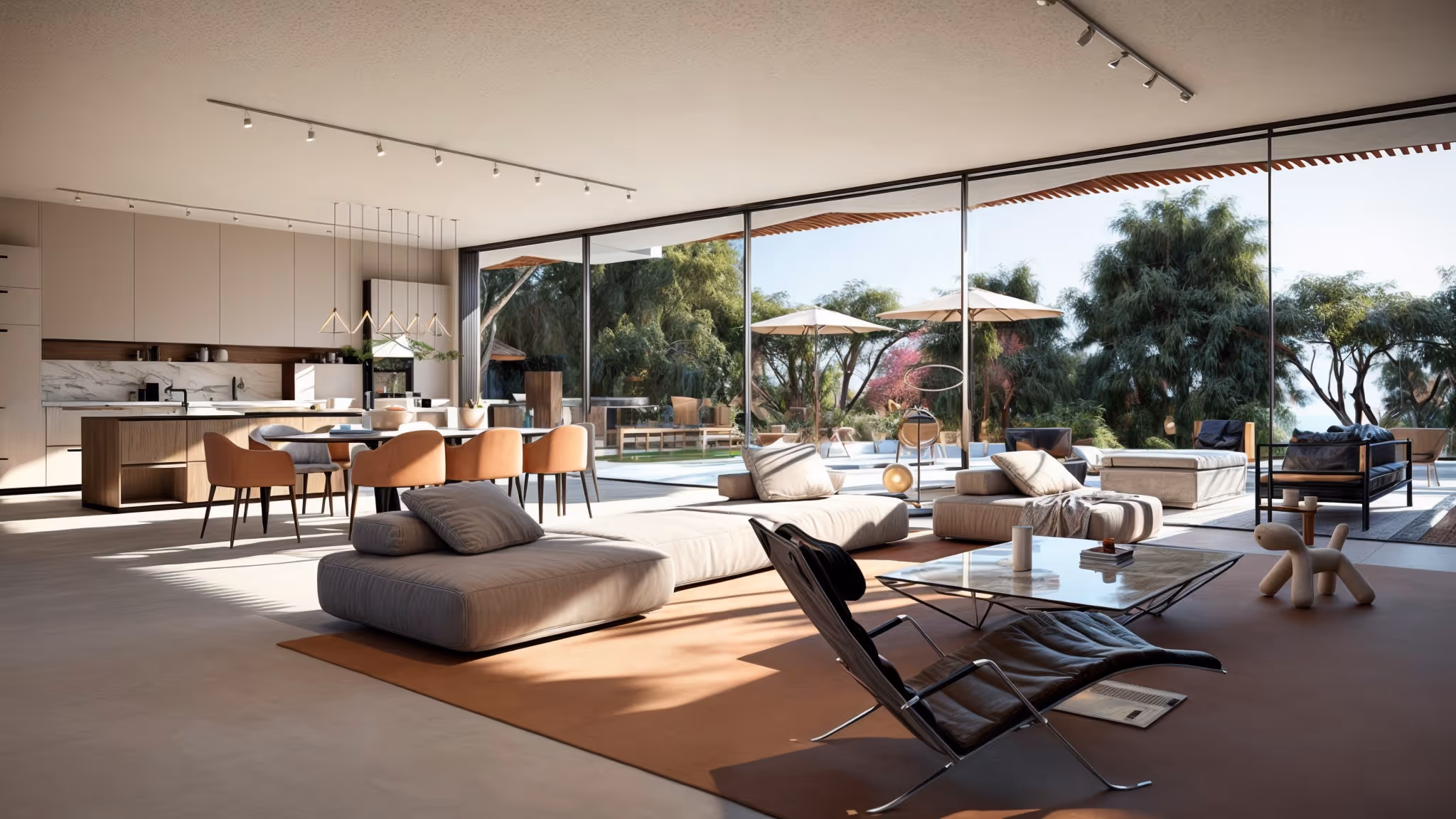 Villa Tulipe open plan living interior with floor to ceiling glazing and Mediterranean garden views