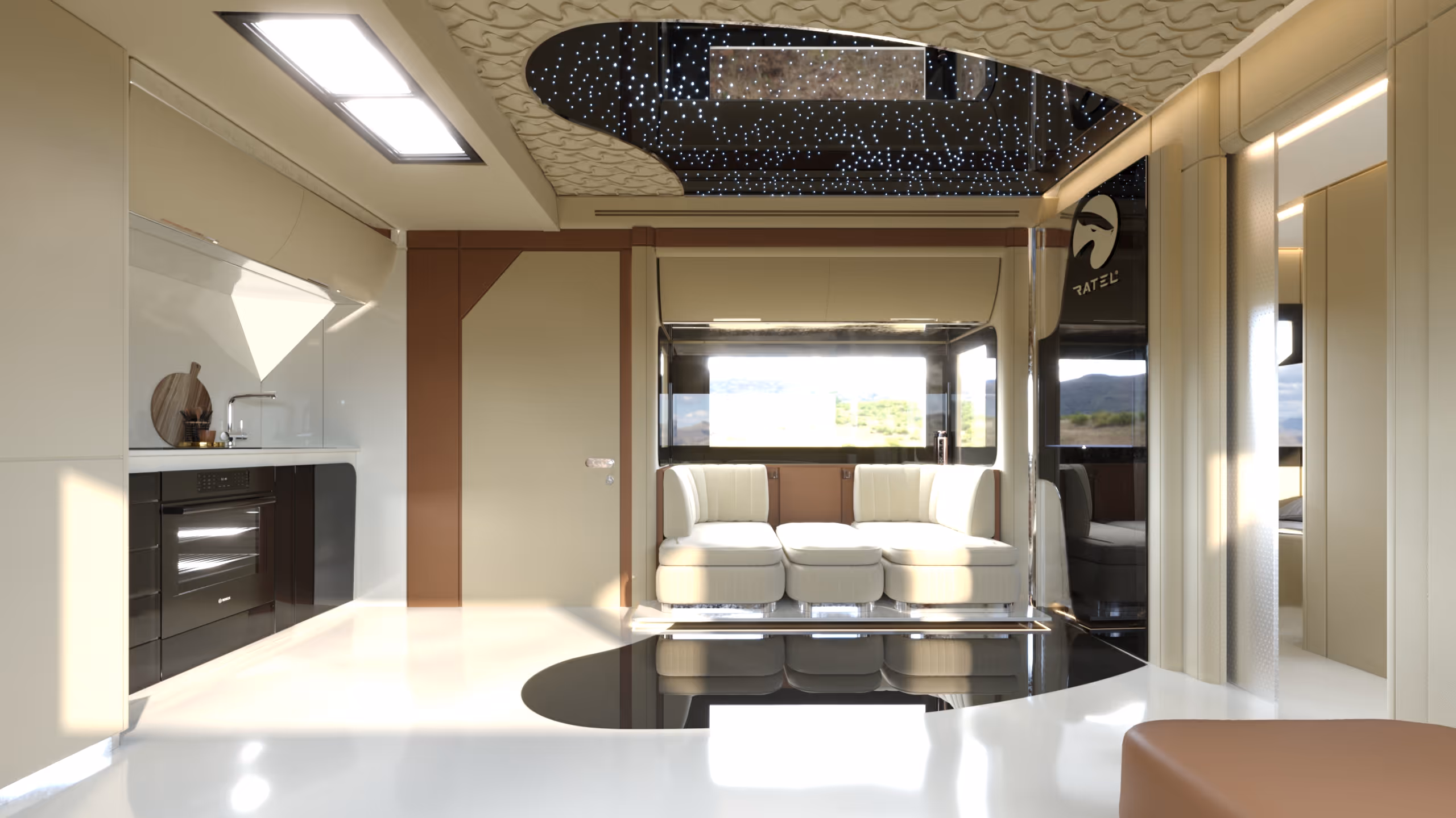 Ratel desert caravan side profile render showing aerodynamic form and bold exterior identity