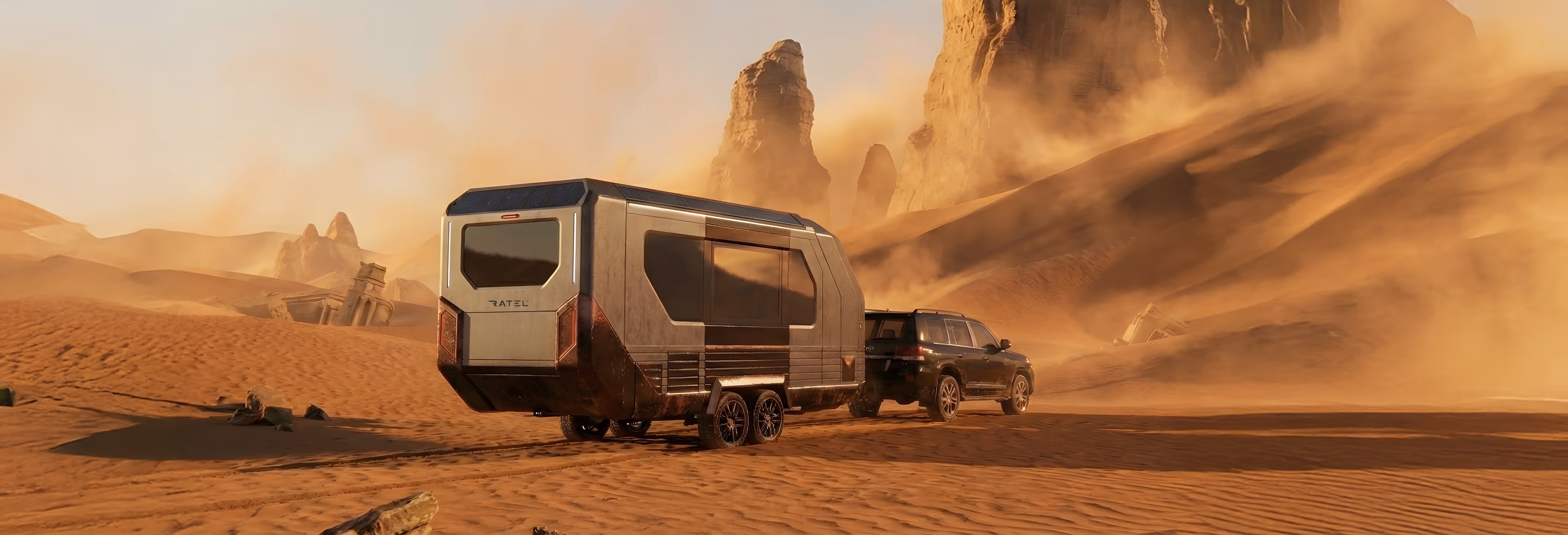 Ratel luxury caravan interior showing off-grid living space with custom furniture and lighting