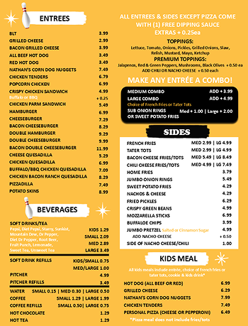 Menu with entrees, beverages, sides, fries, and kids meal options including combos, toppings, and dipping sauce info.