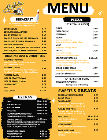 Yellow restaurant menu with breakfast, pizza, extras, and sweets listed including prices and options.