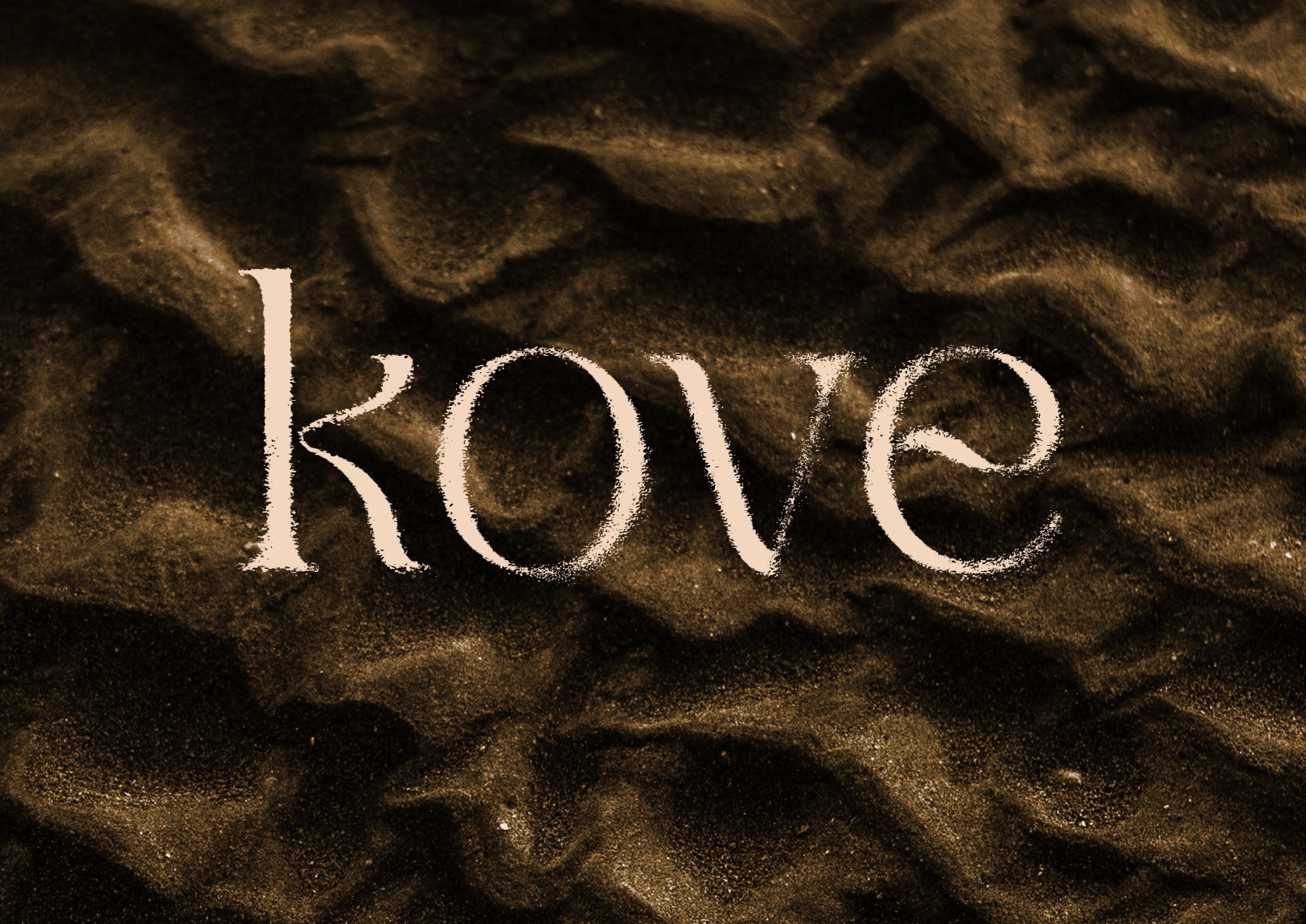 The word 'kove' written in beige text over a textured dark brown and black background.