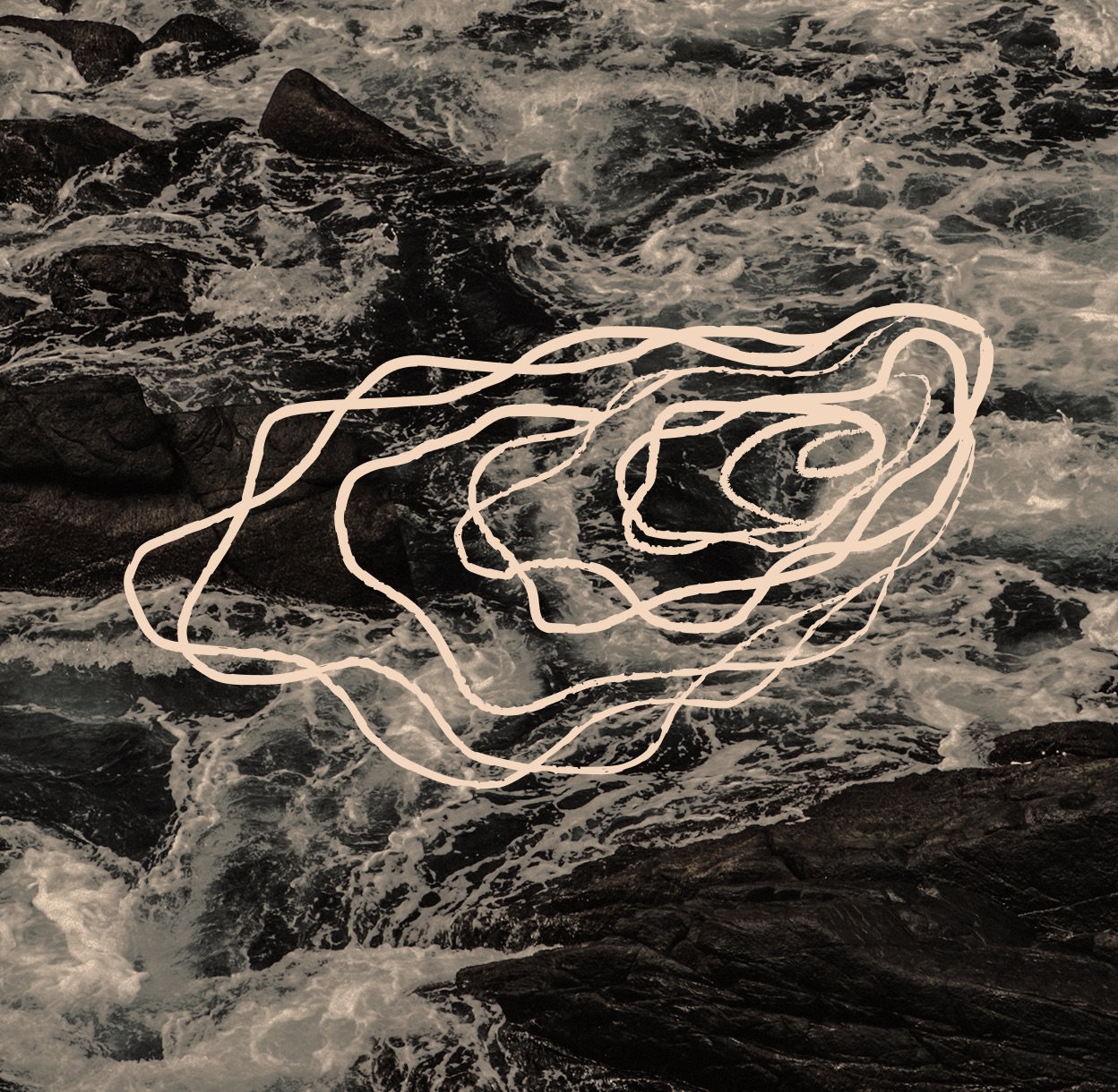An illustration of the Kove oyster logo drawn atop a photo of waves crashing on dark rocks.