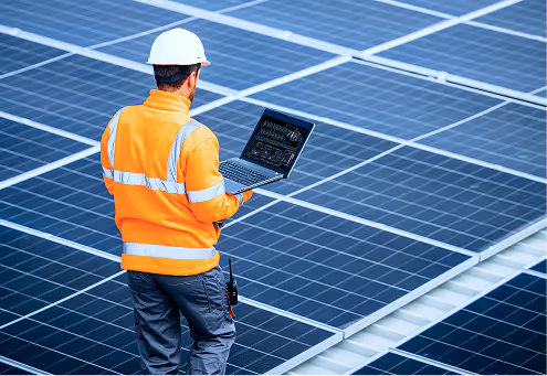 Technician in safety gear using a laptop while inspecting solar panels on a rooftop.