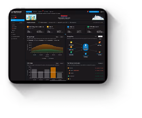 Tablet screen displaying a dark-themed dashboard with charts and energy consumption metrics for a facility labeled Costco.