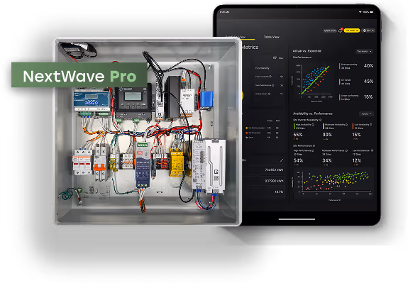 Open electrical control panel labeled NextWave Pro with a tablet displaying performance metrics and data charts.
