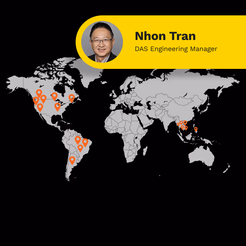 World map with location markers in North and South America and Southeast Asia, featuring a circular photo of Nhon Tran with text stating he is the DAS Engineering Manager.