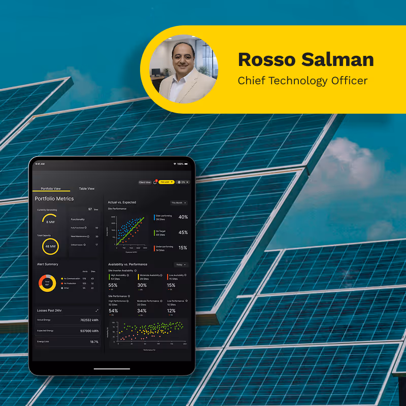 Tablet displaying portfolio metrics and performance charts in front of solar panels, with a yellow label featuring a photo of Rosso Salman and the title Chief Technology Officer.
