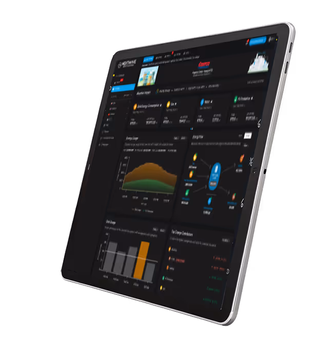 Tablet displaying a dashboard with charts and graphs on energy usage and consumption in dark mode.
