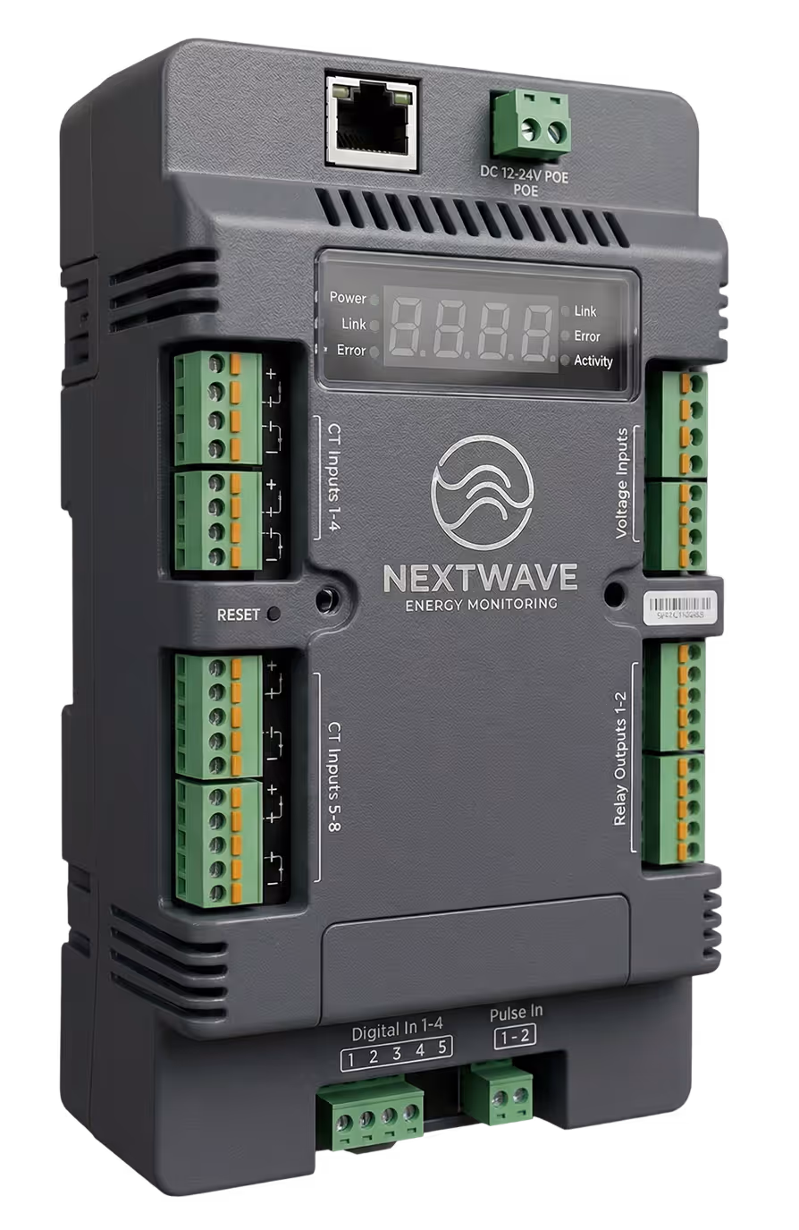 NextWave energy monitoring device inside a gray enclosure with multiple green terminal blocks and electronic components.