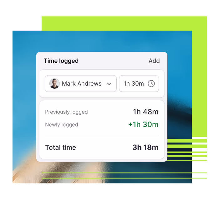 Time logged interface showing Mark Andrews logging 1 hour 30 minutes, total time 3 hours 18 minutes.