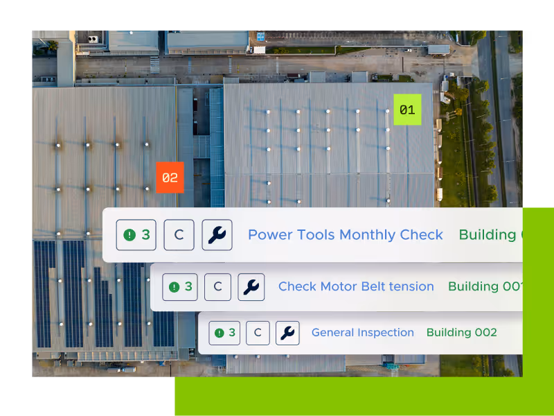 Aerial view of two adjacent industrial building roofs labeled 01 and 02 with overlaying task list including Power Tools Monthly Check, Check Motor Belt tension, and General Inspection.