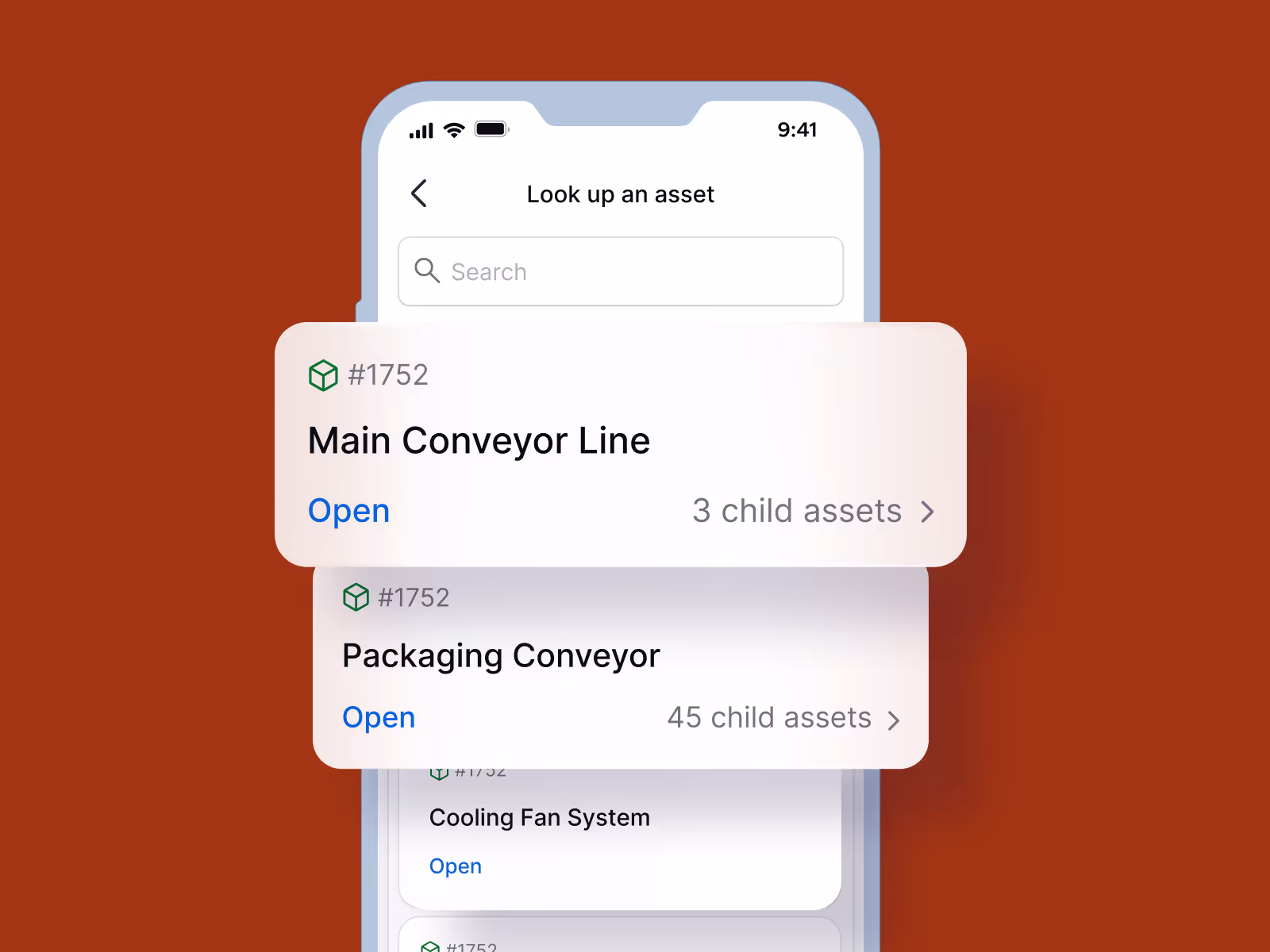 Mobile app screen showing asset search with results for Main Conveyor Line and Packaging Conveyor, each with an open option and number of child assets.
