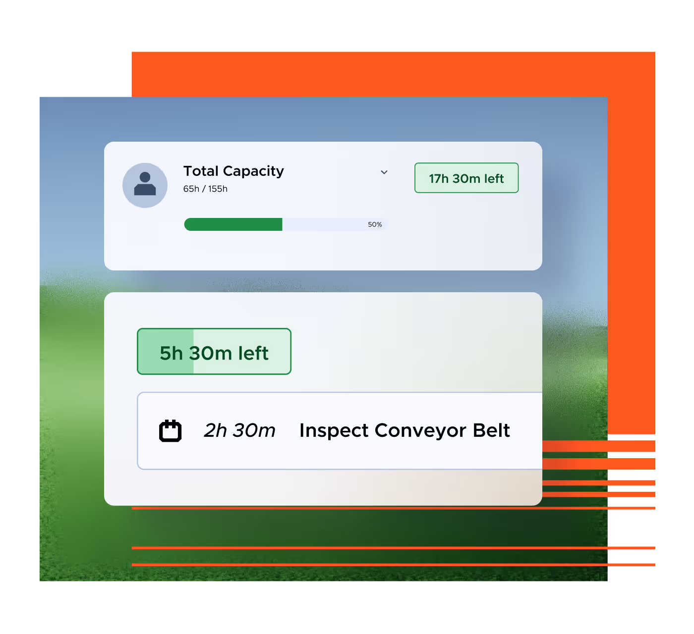 Resource planning dashboard showing total capacity with 65 hours used out of 155 and 17 hours 30 minutes left, plus a task to inspect the conveyor belt estimated to take 2 hours 30 minutes with 5 hours 30 minutes remaining.
